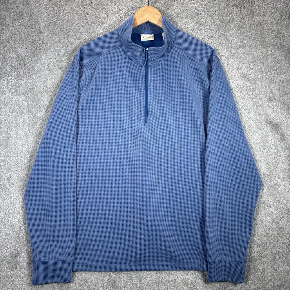 LL Bean Mountainside Micro Waffle 1/4‎ Zip Pullover Mens XL Blue Thermal Hiking